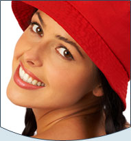 smiling woman with a red hat